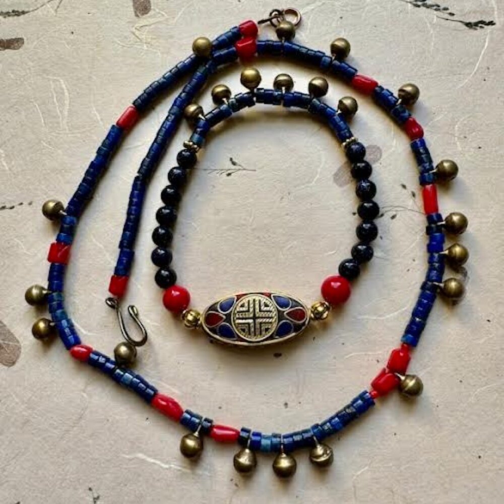 Tribal  beaded Lapis Lazuli  and Red Coral 2 piece set